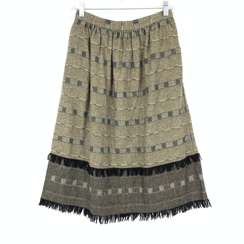 VTG 90s Karen Kane A-Line Wool Blend Skirt Womens Size 26" US 2 Tan Black Fringe
